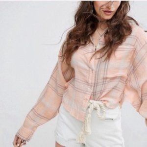 Free People Peach Plaid Cropped Button Up Small